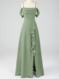 Spaghetti Strap Chiffon Bridesmaid Dress with Ruffles Slit