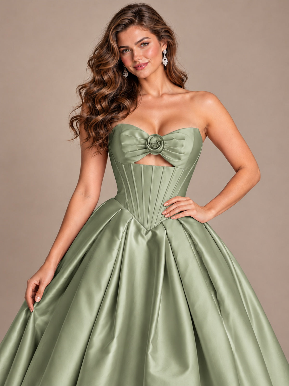 Pink Strapless Corset Satin Prom Derss & Ball Gown with 3D Floral