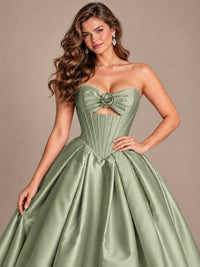 Pink Strapless Corset Satin Prom Derss & Ball Gown with 3D Floral