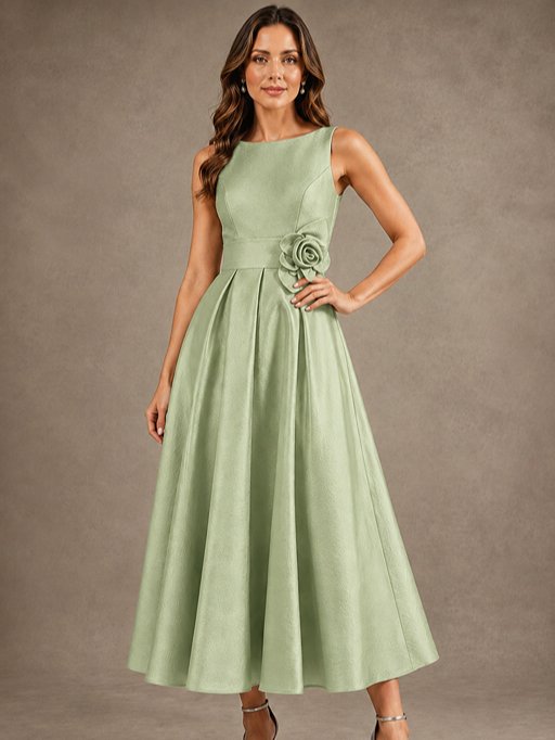 Tea-Length Satin Mother of the Bride Dress with 3D Flower Detail