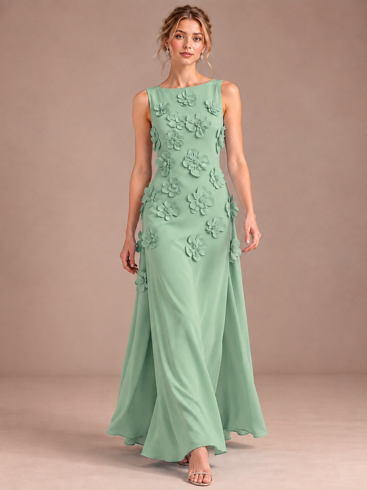 3D Floral Applique Sleeveless Formal Maxi Dress