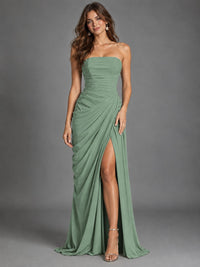 Strapless Bodycon Pleated Chiffon Formal Dress with Slit
