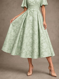 V-Neck Floral Jacquard Tea-Length Mother of the Bride Dress