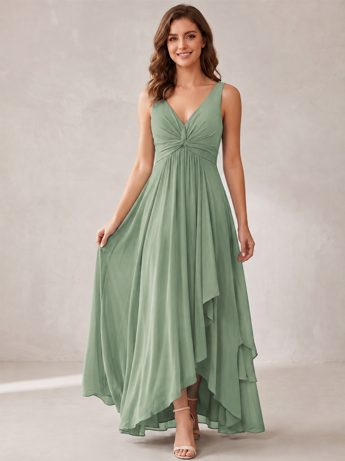 V-Neck High-Low Chiffon Bridesmaid Dress with Ruffles