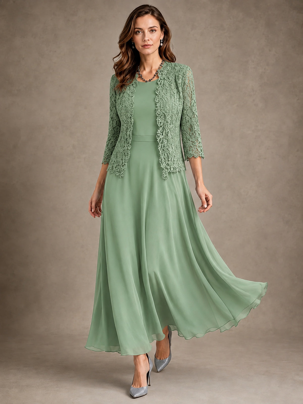 2-Piece Chiffon Mother of the Bride Dress with Lace Jacket