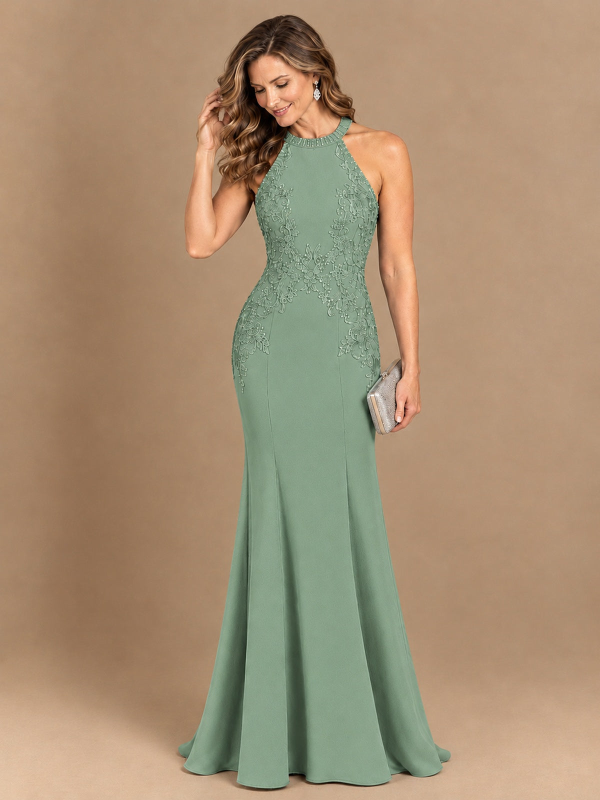 Halter Neckline Lace Appliques Mother of The Bride Dresses
