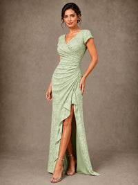 V-Neck Floral Jacquard Mother of the Bride Dress with Slit