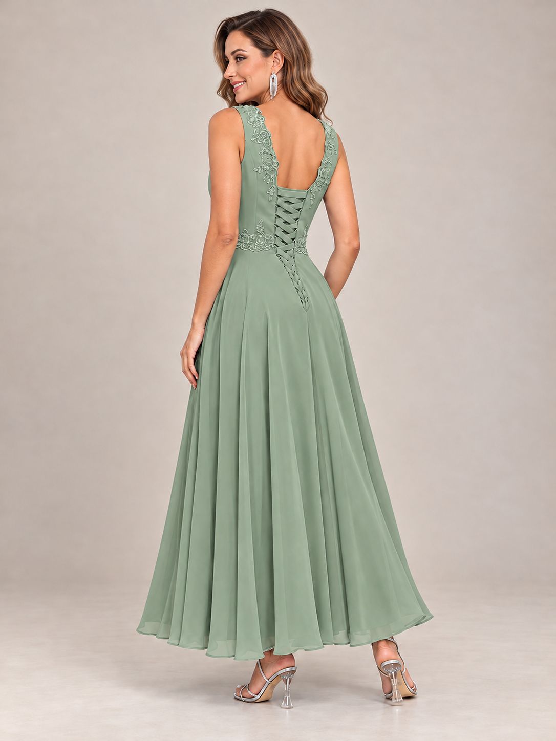 Dusty Blue Floral Lace Chiffon Mother of the Bride Dress with Jacket