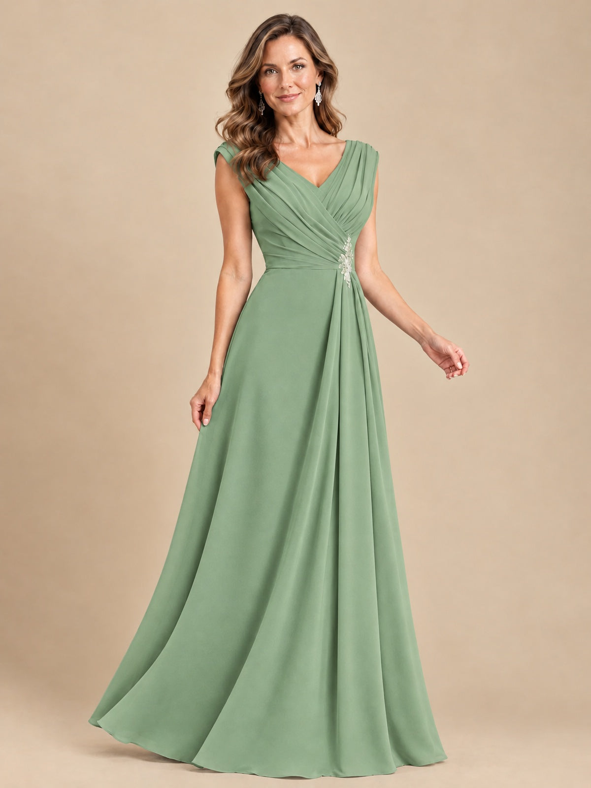 V Neck Pleated Mother of The Bride Dresses with Beading Cap Sleeves