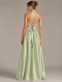 Light Yellow Halter Neck Satin A-Line Maxi Dress with Pockets