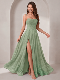 Sparkly Cowl Neck Corset Long Prom Dress with Slit A-line Tulle Ball Gown