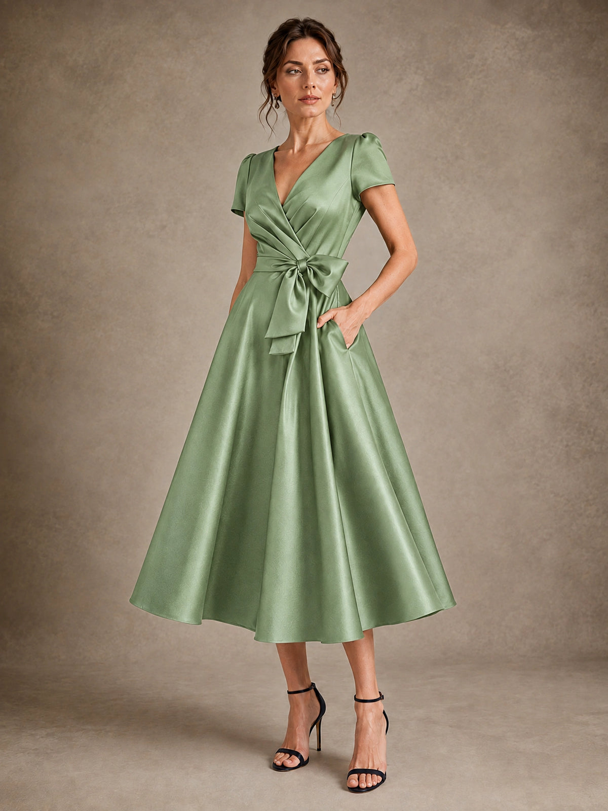 V-Neck Tea-Length Satin Mother of the Bride Dress with Bow