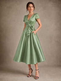 V-Neck Tea-Length Satin Mother of the Bride Dress with Bow
