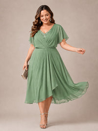 Navy Blue A-Line V-Neck Tea-Length Mother of the Bride Dress