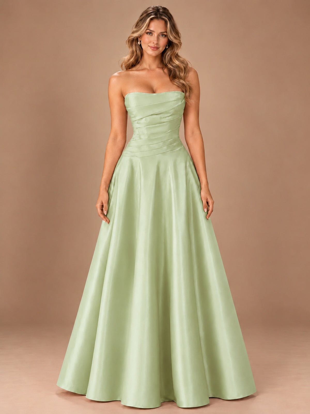 Blush Pink Strapless Satin A-Line Prom Dress with Ruched Bodice