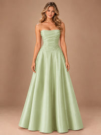 Blush Pink Strapless Satin A-Line Prom Dress with Ruched Bodice