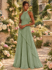 Wrap Pleated Prom Dress Halter A-line Chiffon Formal Wedding Dress