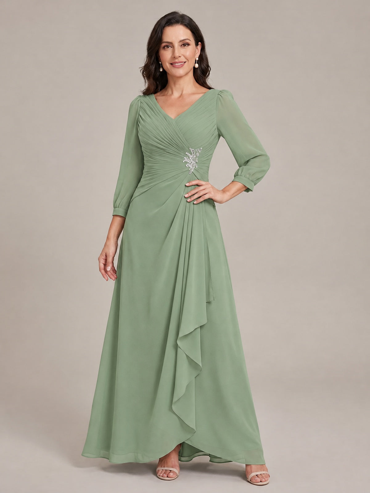V-Neck Pleated Chiffon Mother of the Bride Dress with Flutter Sleeves