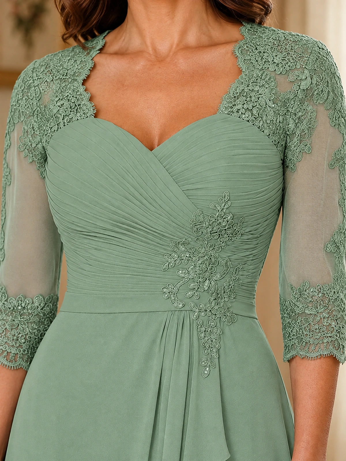 Chiffon Lace Applique Mother of the Bride Dress with 3/4 Sleeves