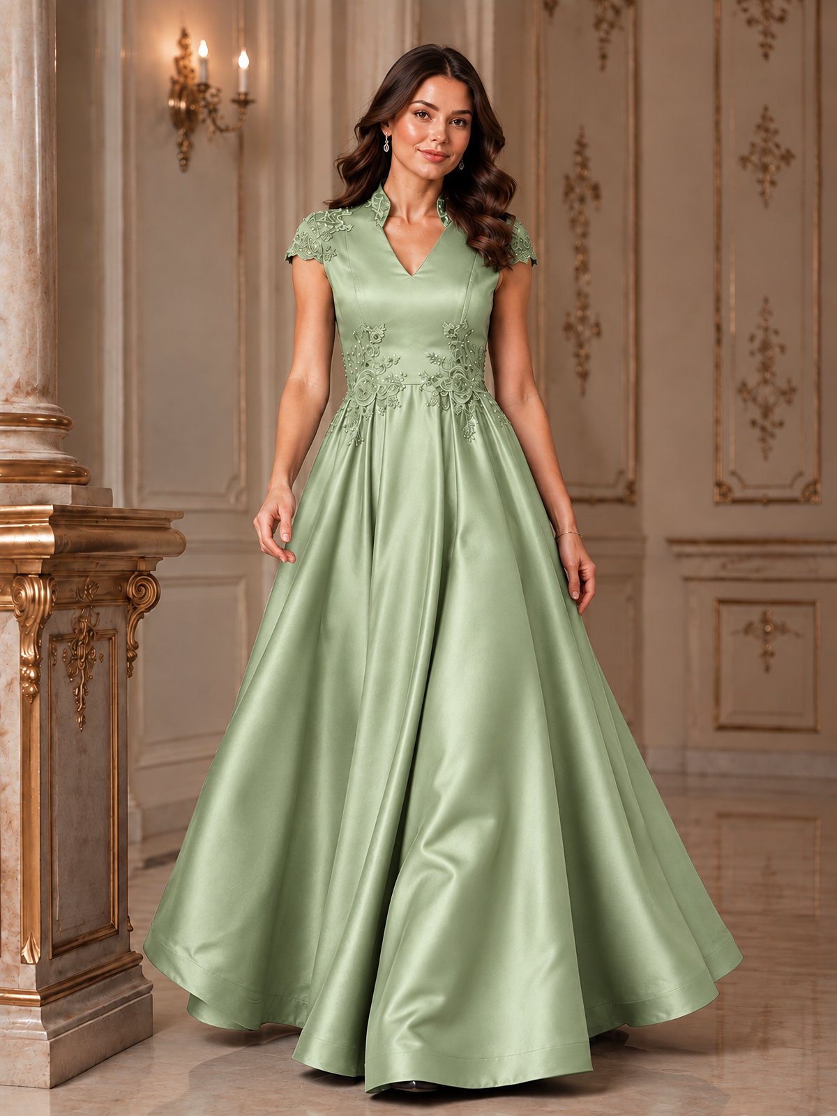 Lace Appliqué A-Line Satin Maxi Dress