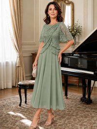 Tea-Length Chiffon Mother of the Bride Dress with Sequin Lace Sleeves