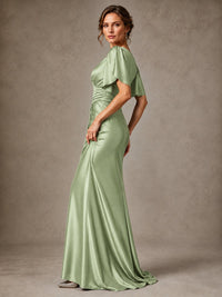 V-Neck Satin Mother of the Bride Dress with Flutter Sleeves