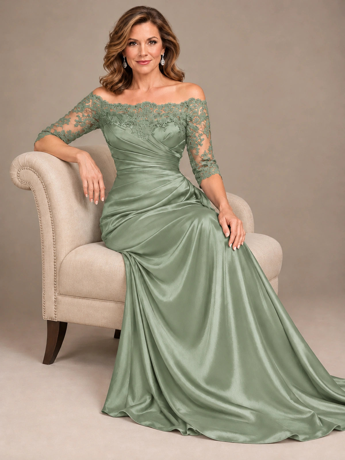 Satin Mother of the Bride Dress with Lace Sleeves Off Shoulder Formal Gown