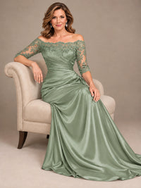 Satin Mother of the Bride Dress with Lace Sleeves Off Shoulder Formal Gown