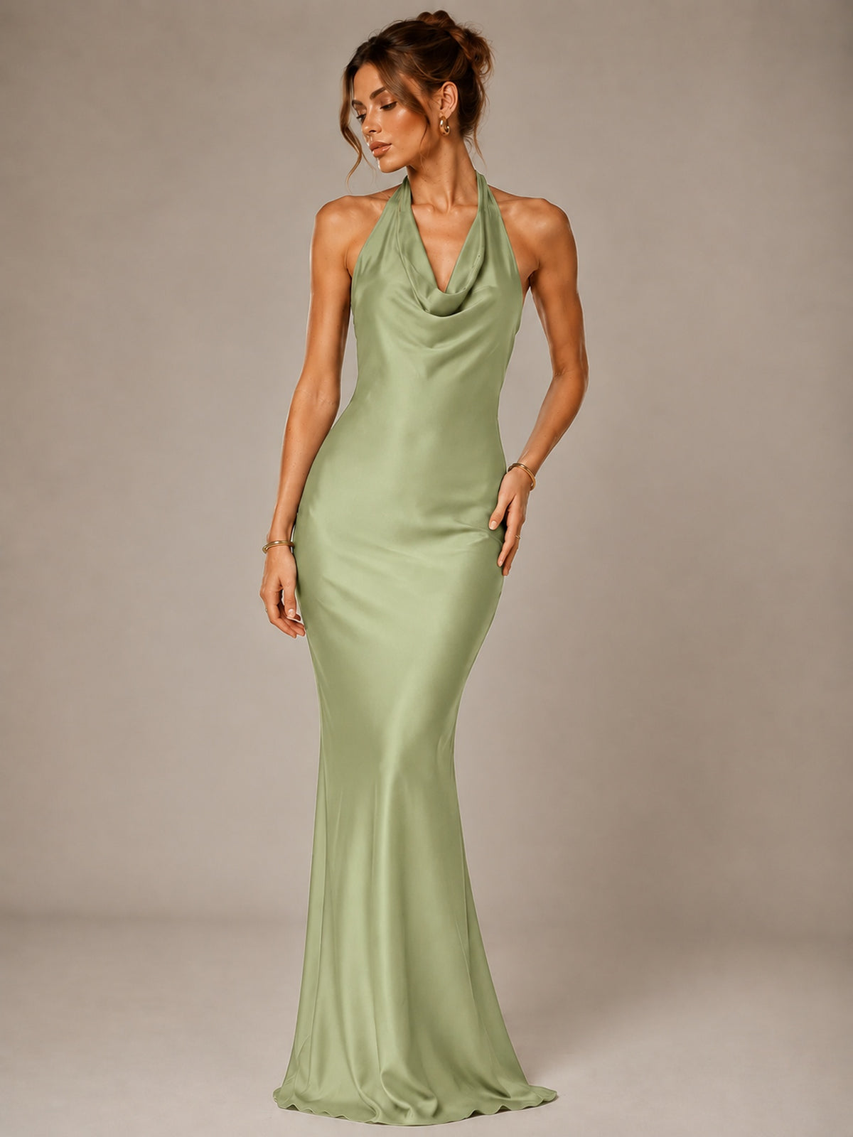 Olive Green Halter Satin Mermaid Maxi Dress