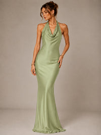 Olive Green Halter Satin Mermaid Maxi Dress