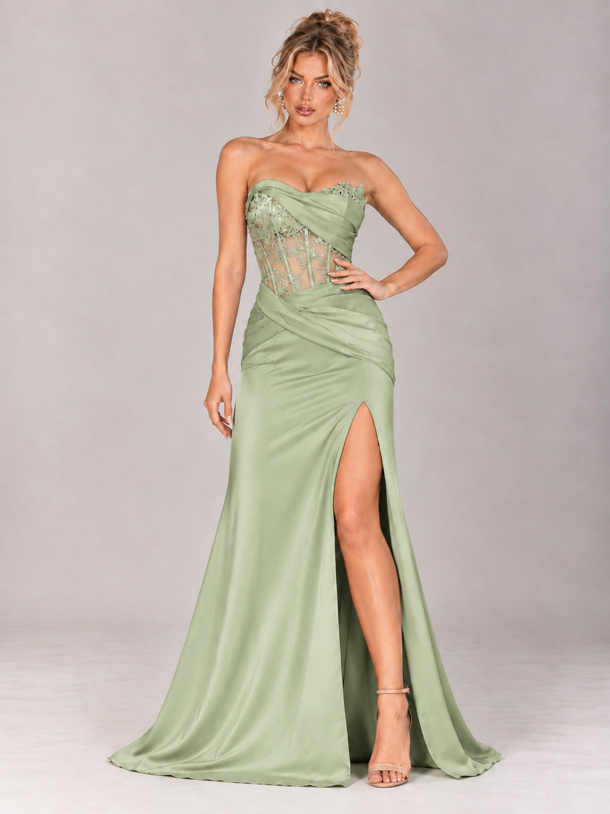 Strapless Satin Prom Dress with Sheer Lace Corset & High Slit