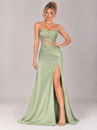 Strapless Satin Prom Dress with Sheer Lace Corset & High Slit