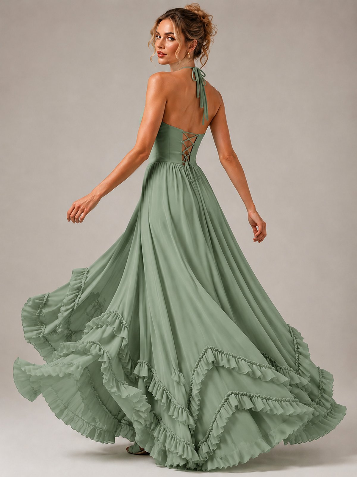 Halter V Neck Chiffon Formal Dress with Lace-Up Back and Ruffle Hem