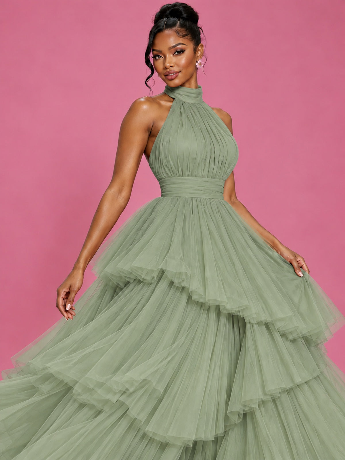 Hot Pink Tulle Halter Neck Tiered Ruffle Maxi Dress