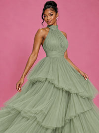 Hot Pink Tulle Halter Neck Tiered Ruffle Maxi Dress
