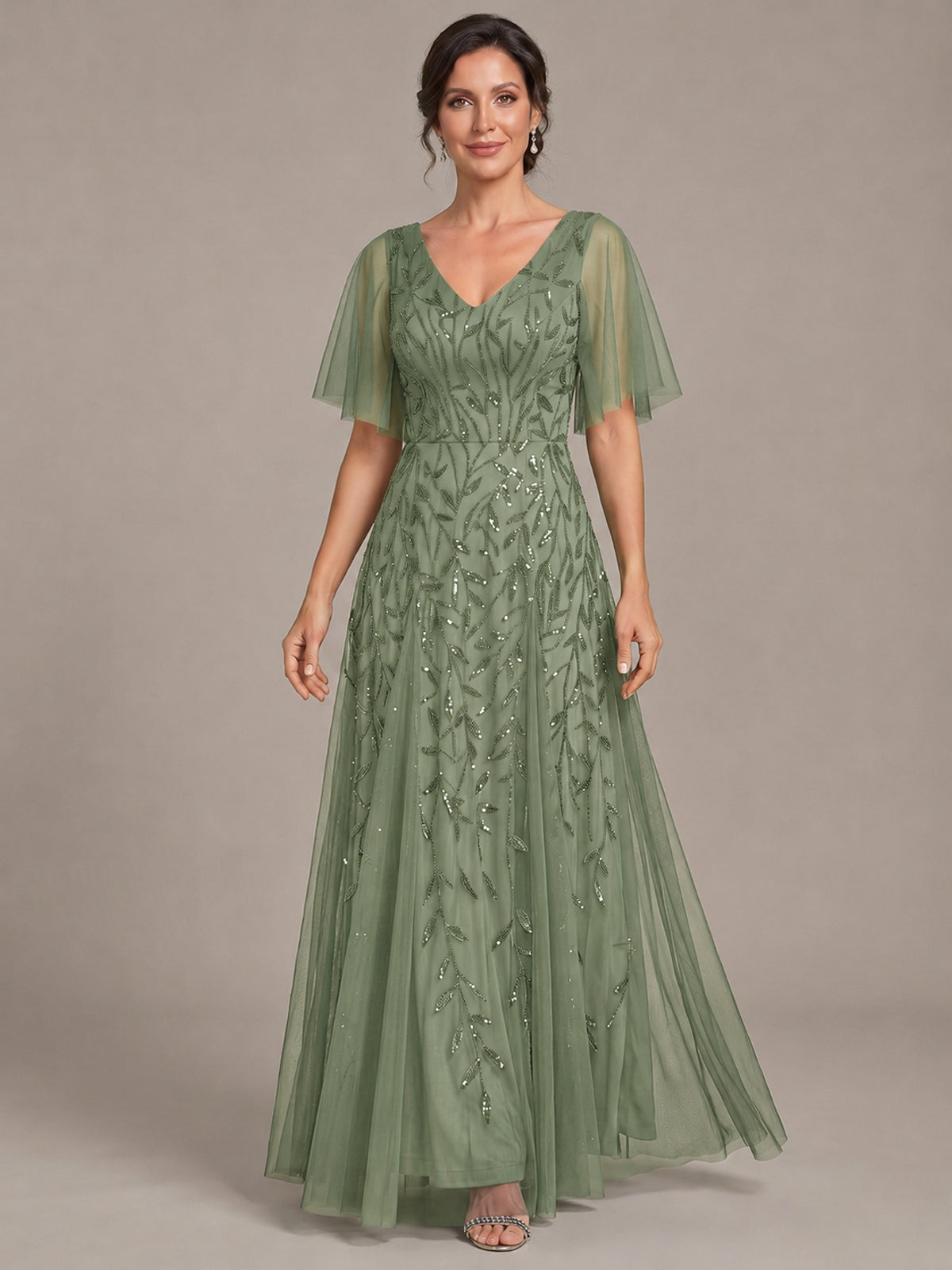 V-Neck Sequin Tulle Mother of the Bride Dress with Flutter Sleeve