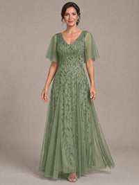 V-Neck Sequin Tulle Mother of the Bride Dress with Flutter Sleeve