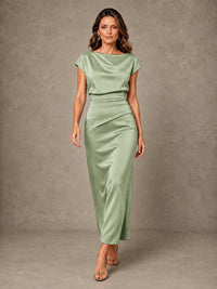 Cowl Neck Satin Mother of the Bride Dress with Ruched Waist