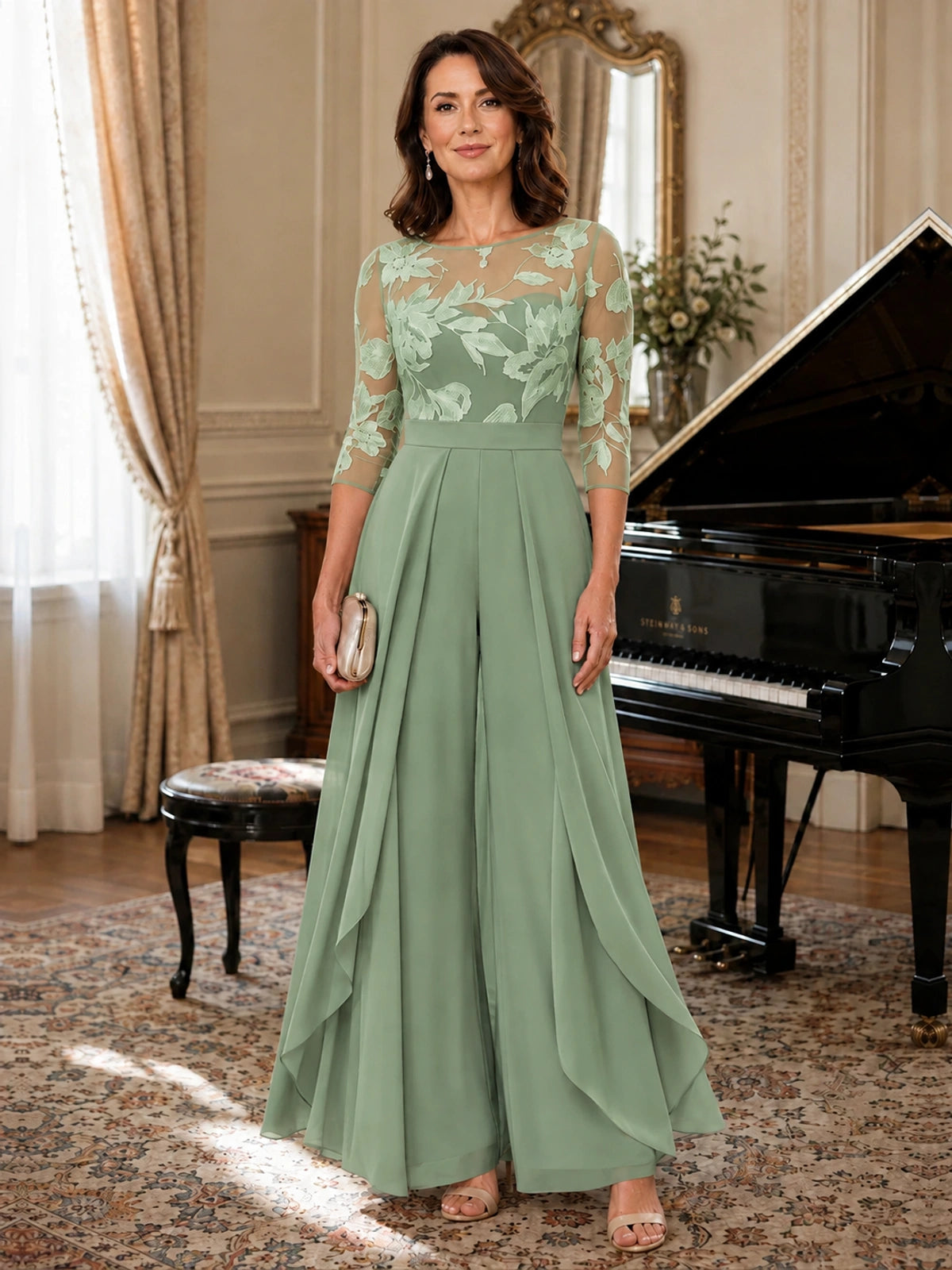 Lace Applique Wide-Leg Chiffon Mother of the Bride Jumpsuit