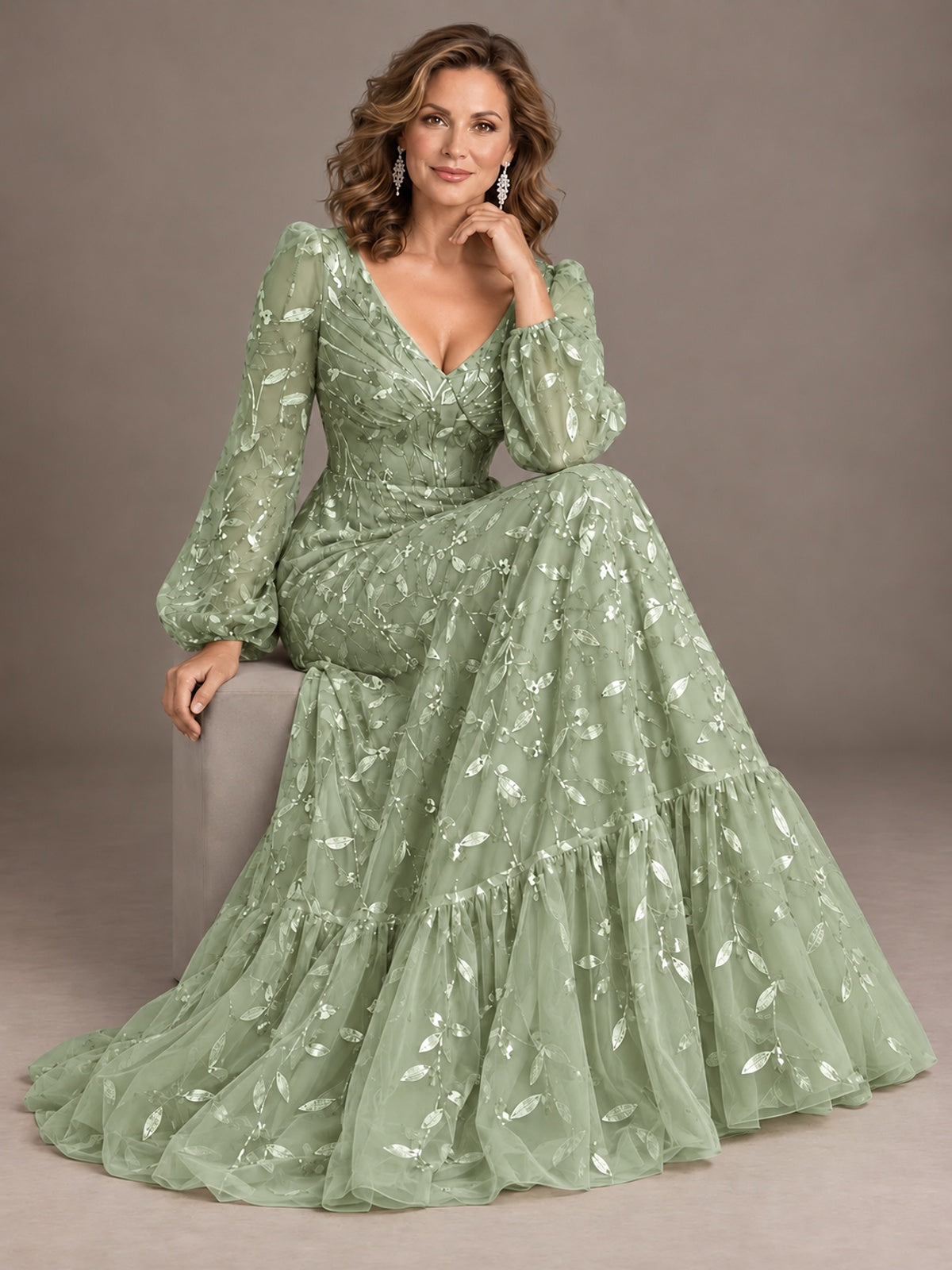 Floral Sequin Embroidered A-Line Mother of the Bride Dress with Long Sleeves