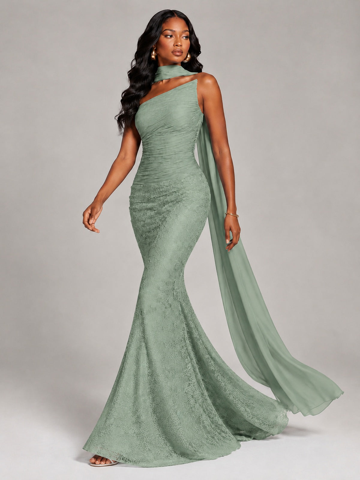 Pleated Chiffon Lace Prom Dresses Long Bodycon Mermaid with Scarf