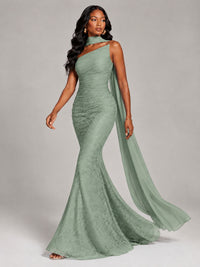 Pleated Chiffon Lace Prom Dresses Long Bodycon Mermaid with Scarf