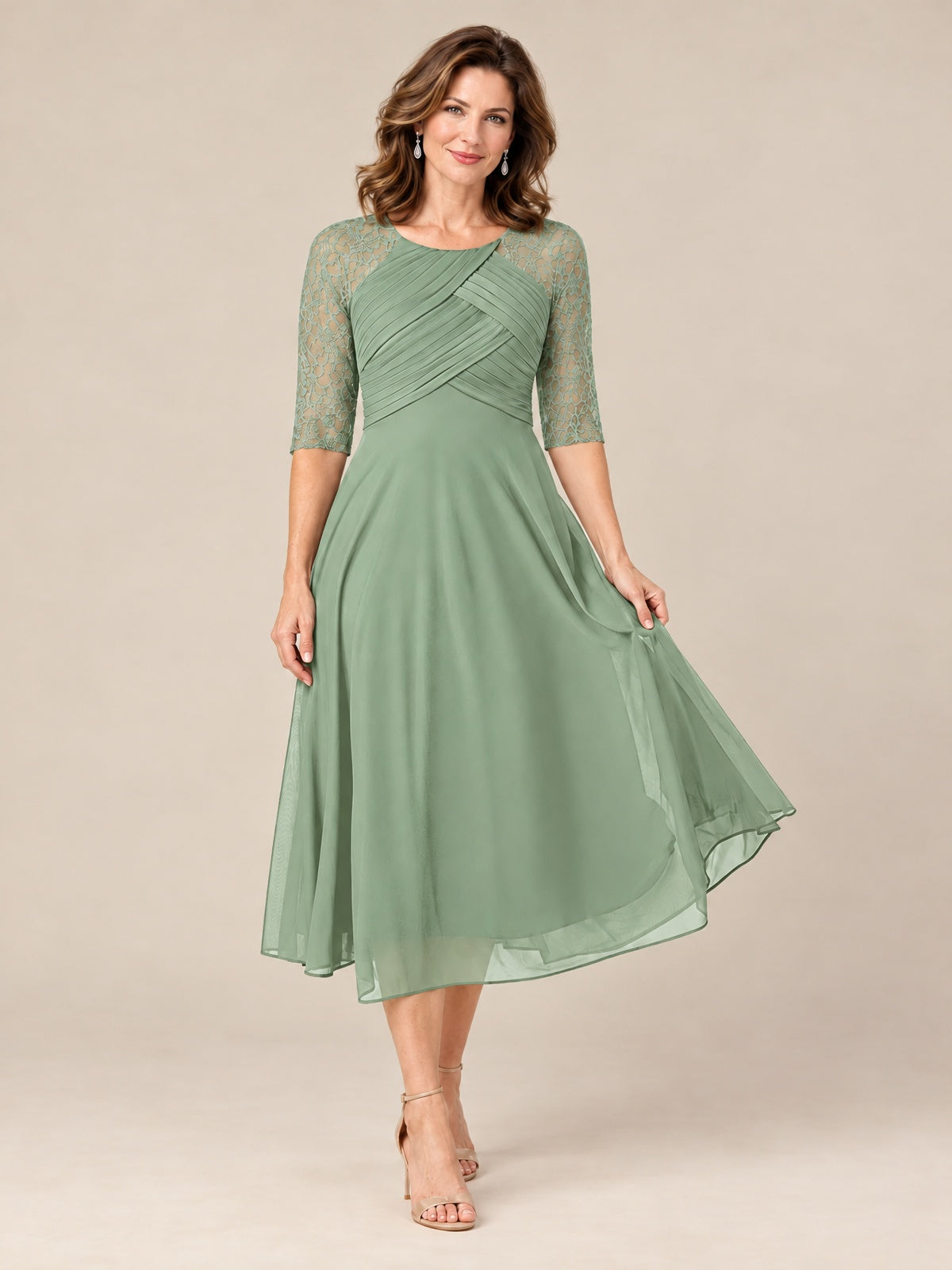 Tea-Length Mother of the Bride Dress with Lace 3/4 Sleeves