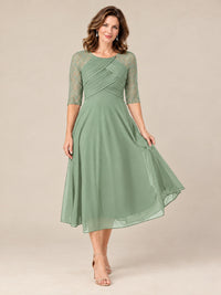 Tea-Length Mother of the Bride Dress with Lace 3/4 Sleeves