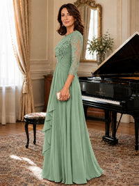 A-Line Chiffon Mother of the Bride Dress with Floral Applique 3/4 Sleeves