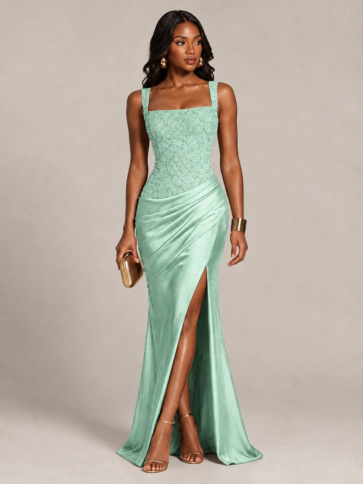 Scoop Neck Sequin Prom Dress with High Slit Satin Formal Gowns