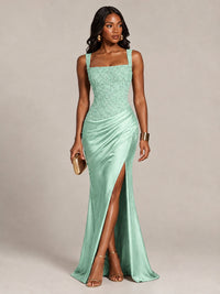 Scoop Neck Sequin Prom Dress with High Slit Satin Formal Gowns
