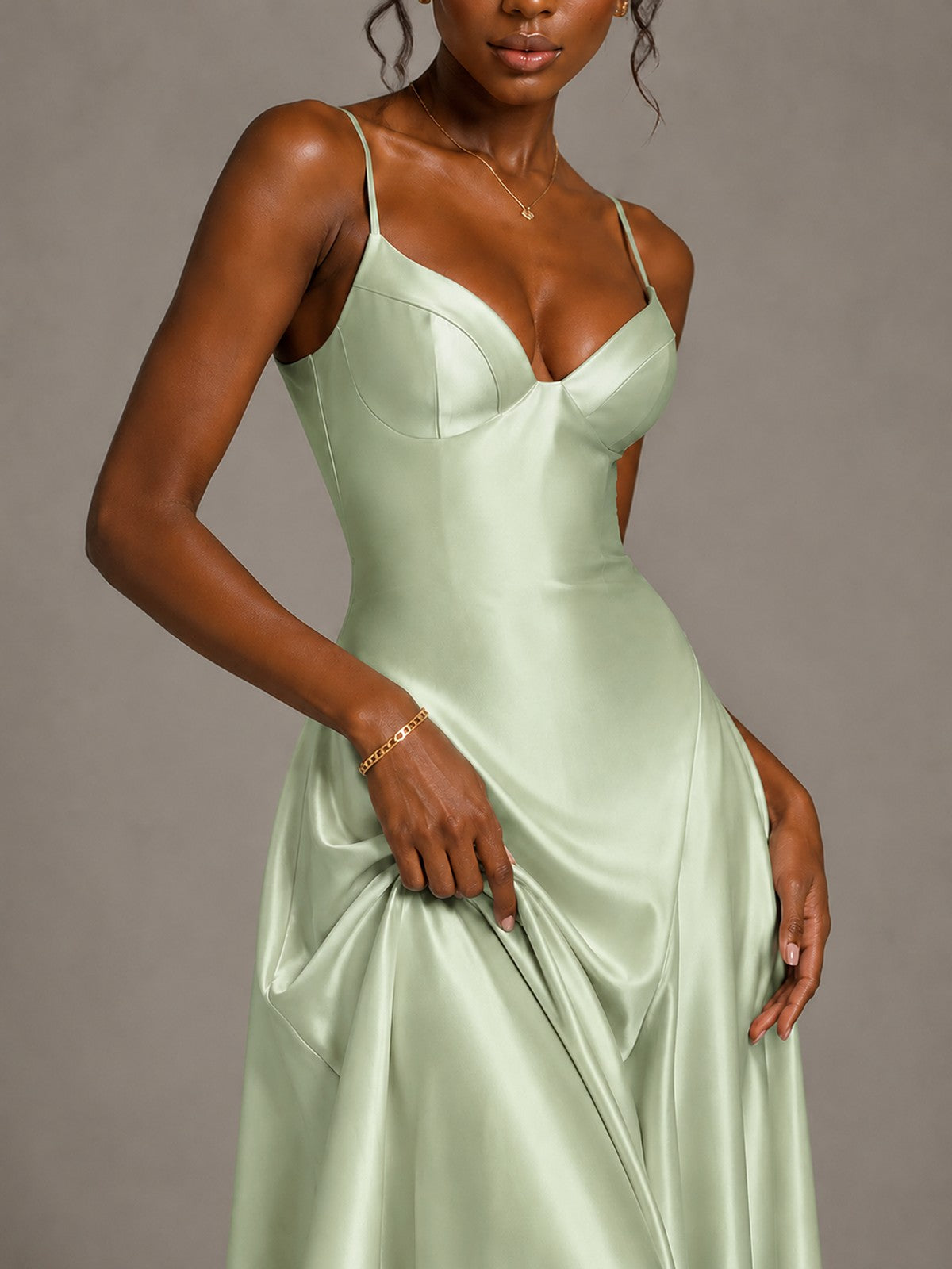 Lavender V Neck Satin Prom Dress with Spaghetti Straps