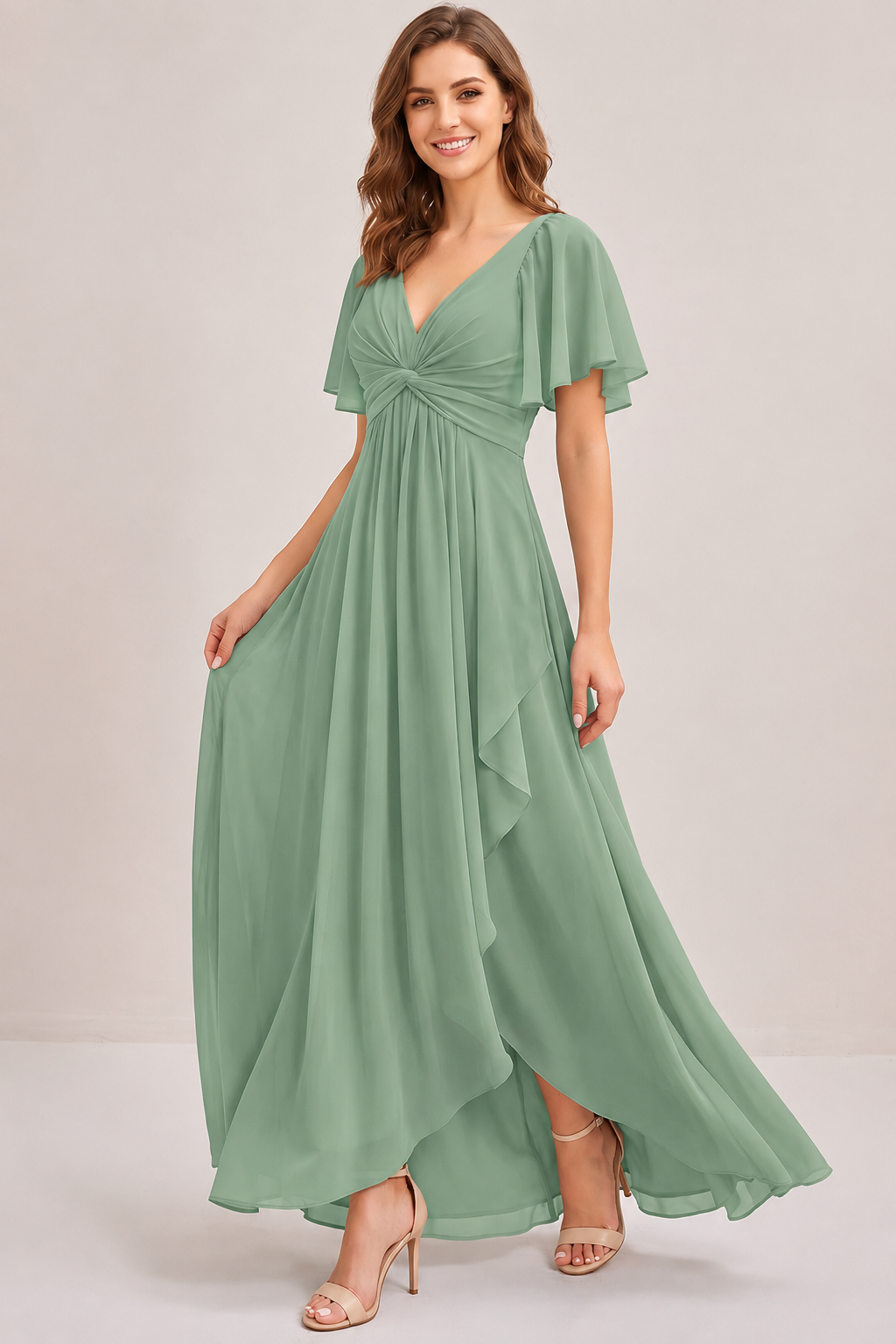 Dusty Blue Chiffon Bridesmaid Dress with Flutter Sleeves & High-Low Hem