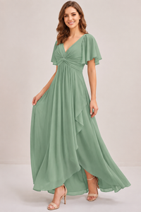 Dusty Blue Chiffon Bridesmaid Dress with Flutter Sleeves & High-Low Hem